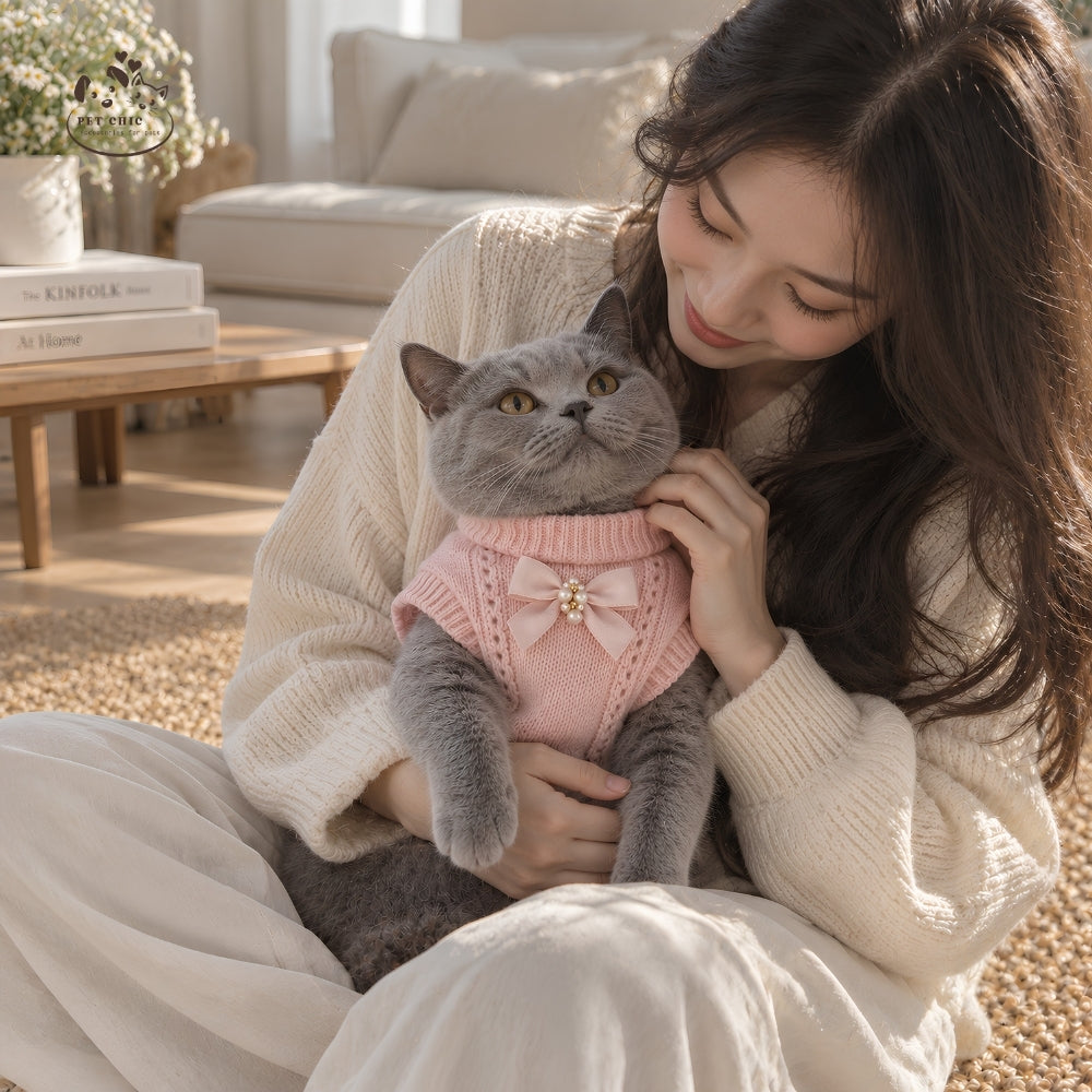 Rosabelle – Áo Len Nơ Ngọc Trai Cho Mèo